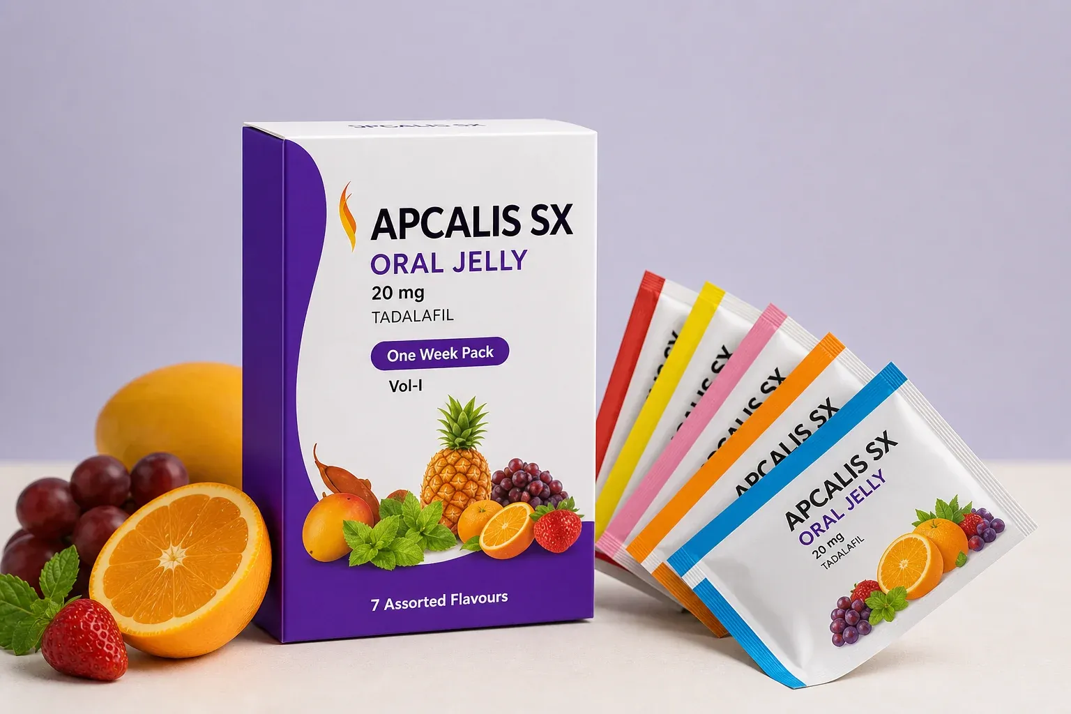 Editorial illustration of an Apcalis SX Oral Jelly carton and sachets