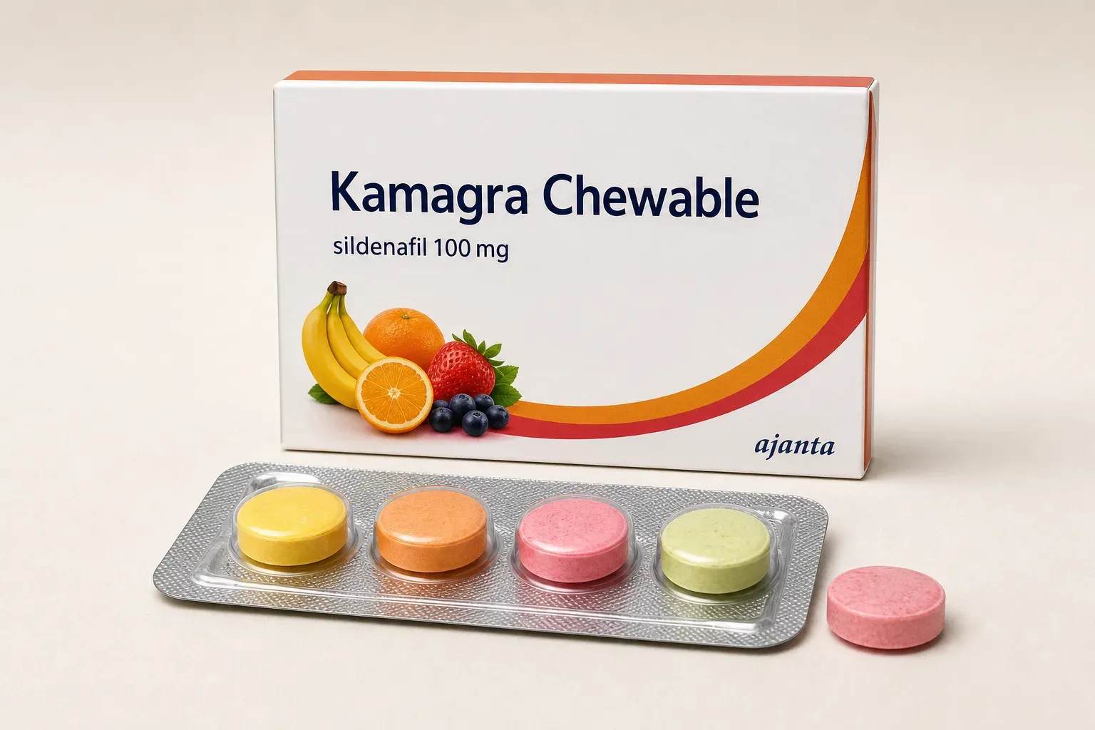 Editorial illustration of a Kamagra Chewable carton and coloured tablets