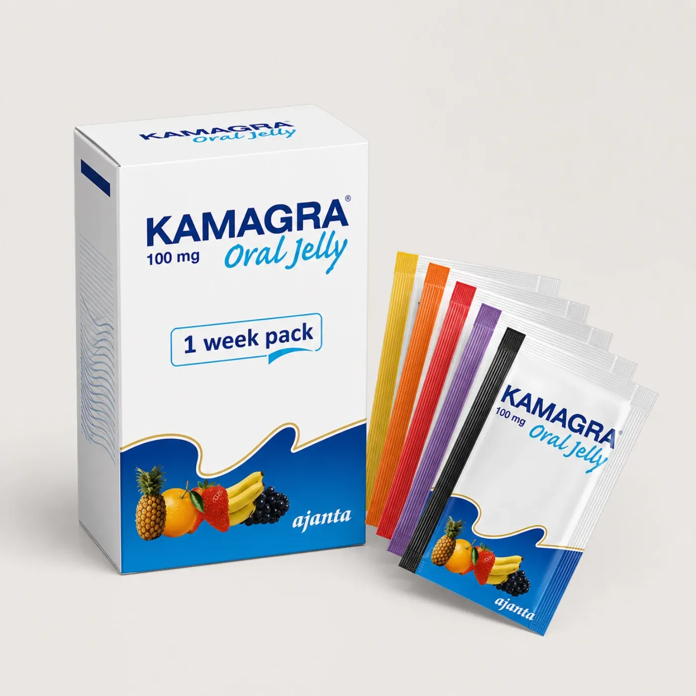 Editorial illustration of a Kamagra Oral Jelly carton and sachets