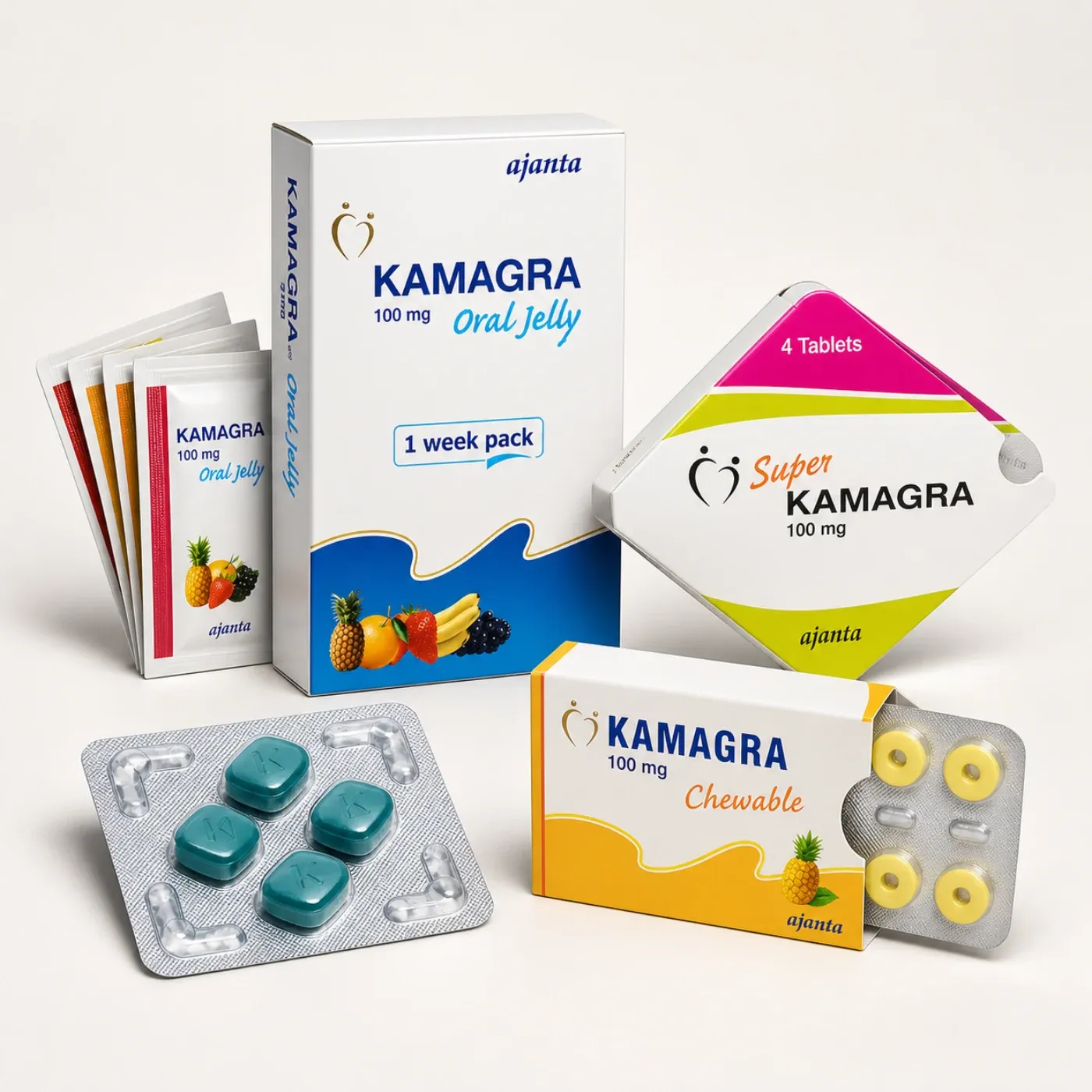 Editorial illustration of Kamagra tablets, Oral Jelly, Super Kamagra and chewable formats