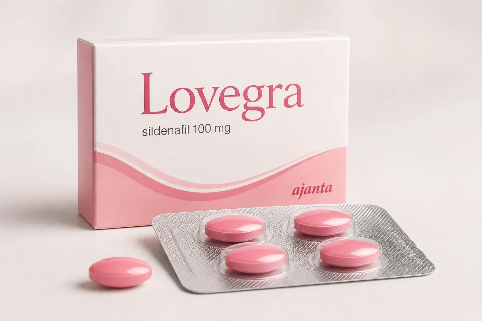 Editorial illustration of a pink Lovegra carton with four tablets