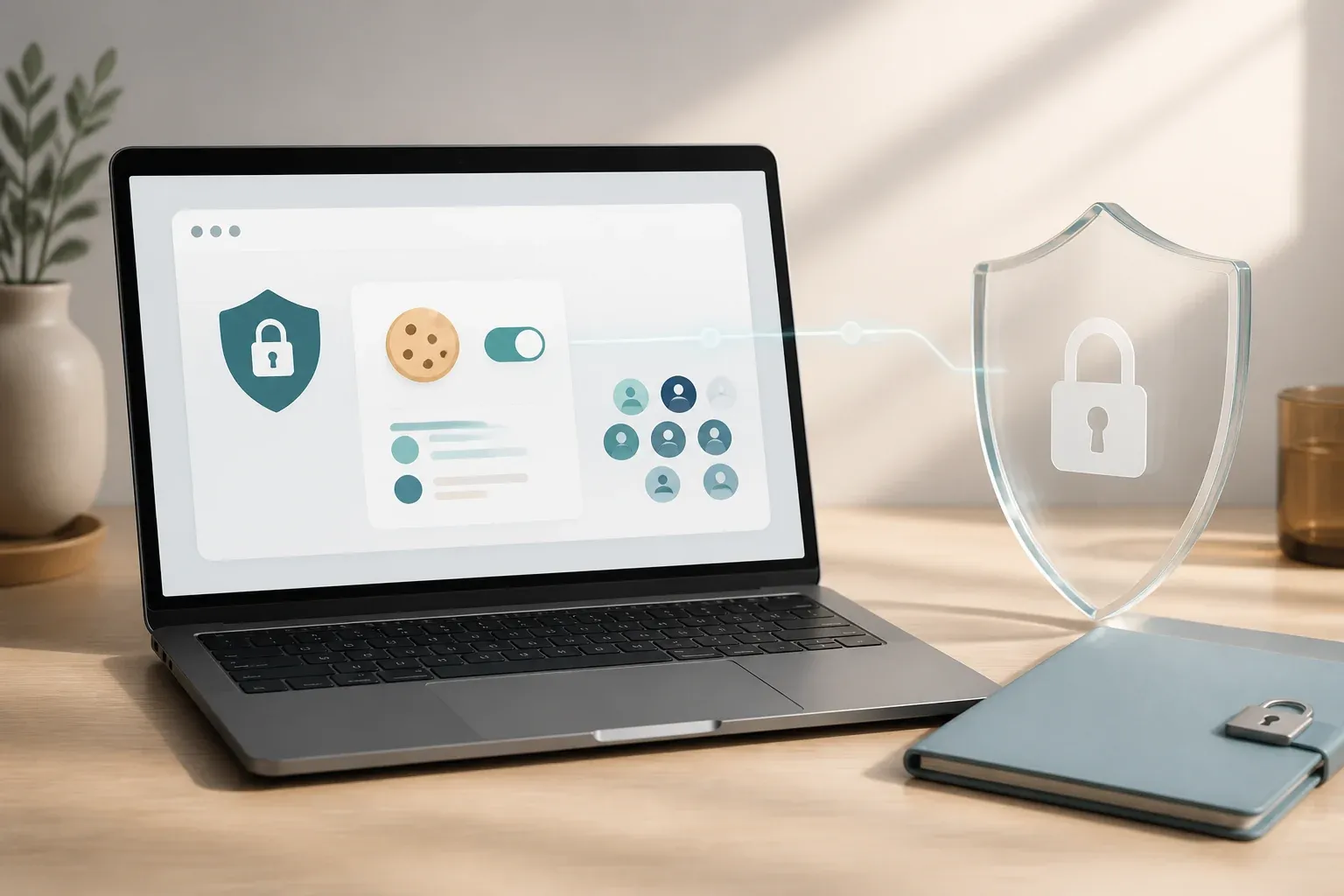 Laptop privacy controls with anonymous visitor icons and a security shield