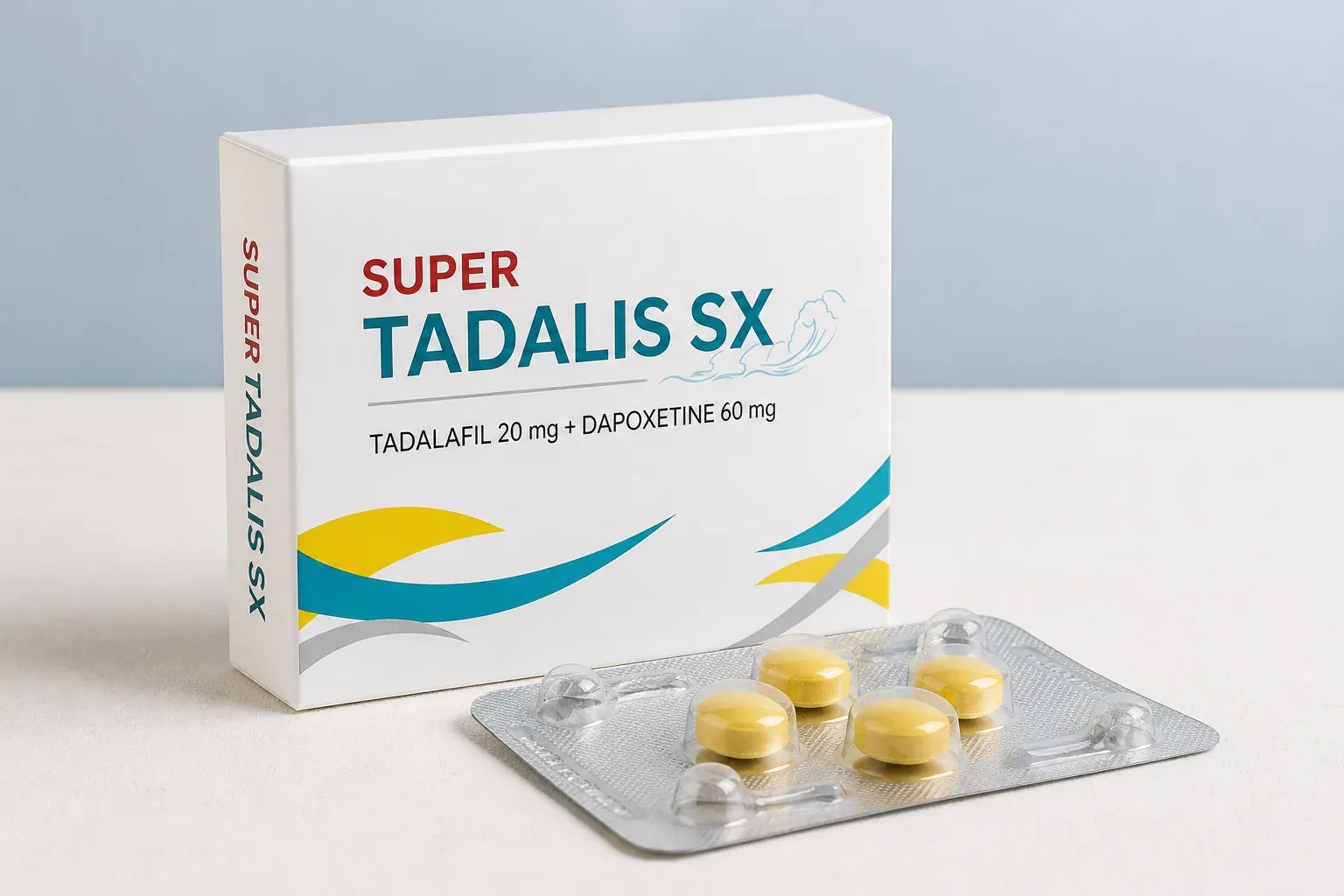 Editorial illustration of a Super Tadalis SX carton and blister
