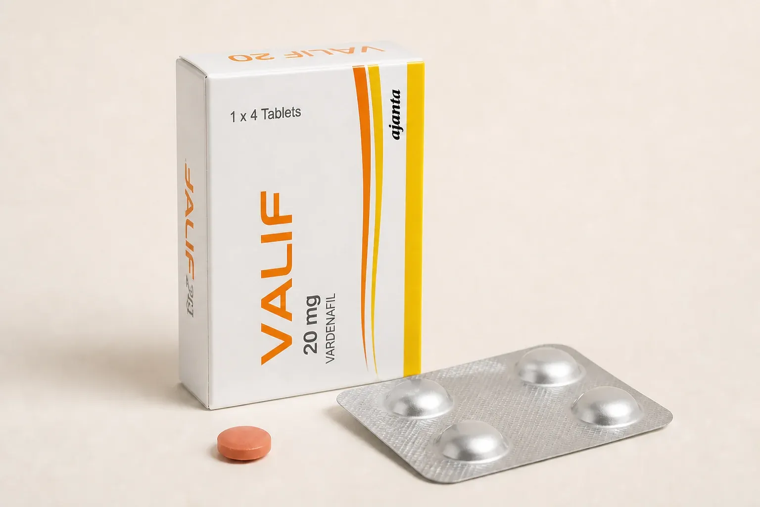 Editorial illustration of a Valif carton, blister and tablet